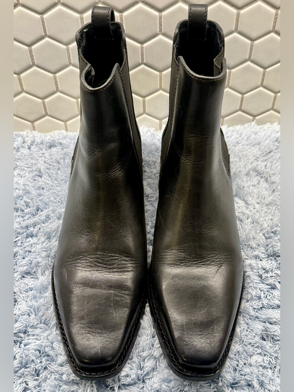 Tory Burch Black Leather Chelsea Ankle Boots 8.5M Square Toe Block Heel with Box - Picture 8 of 9